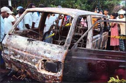 van erupts in flames Sri Lanka