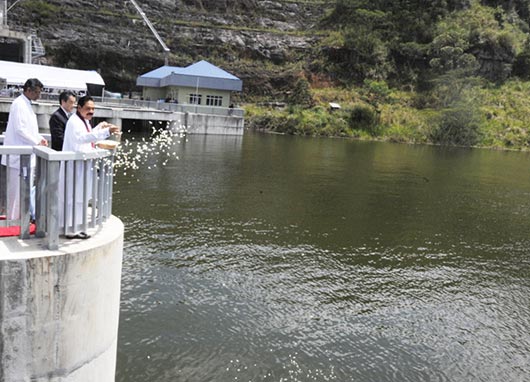 Sluice gates of the Upper Kotmale Hydro Power Project declared open by Sri Lanka President Mahinda Rajapaksa