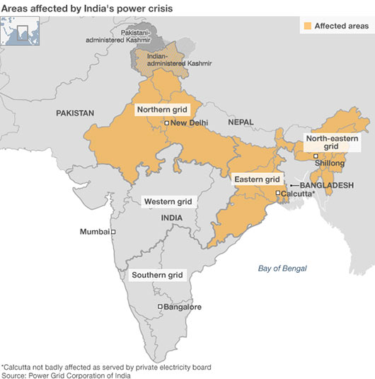 Areas affected by India power crisis July 2012