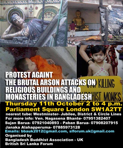 UK Buddhists protest against arson attacks on Buddhist temples and villagers in Bangladesh