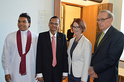 Prime Minister Julia Gillard with External Affairs Minister Professor G.L. Peiris, MP Namal Rajapaksa