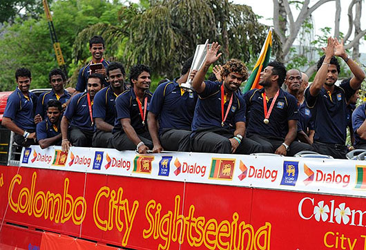 Sri Lanka Team's victory procession on an open top Double Decker Bus from the Airport to Galle Face Green on April 08, 2014