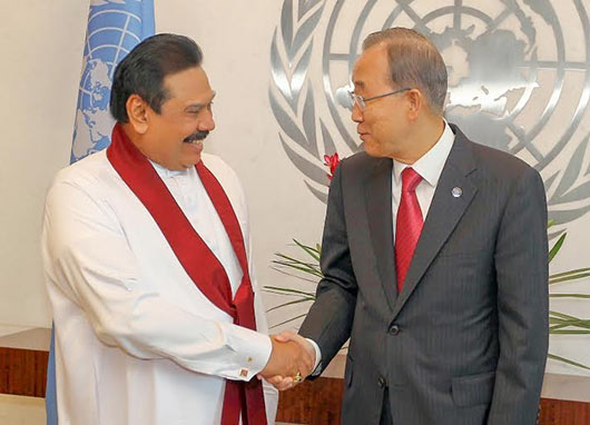 Sri Lanka President Mahinda Rajapaksa and UN Secretary General Ban Ki Moon meet in New York