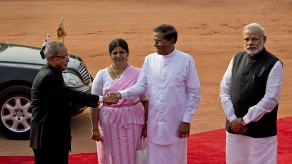 Sri Lanka President Maithripala Sirisena and India President Pranab Mukherjee with India Prime Minister Narendra Modi