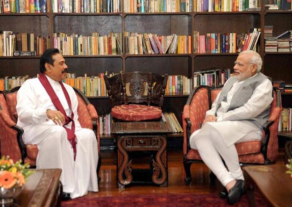 Former President of Sri Lanka Mahinda Rajapaksa with Indian Prime Minister Narendra Modi