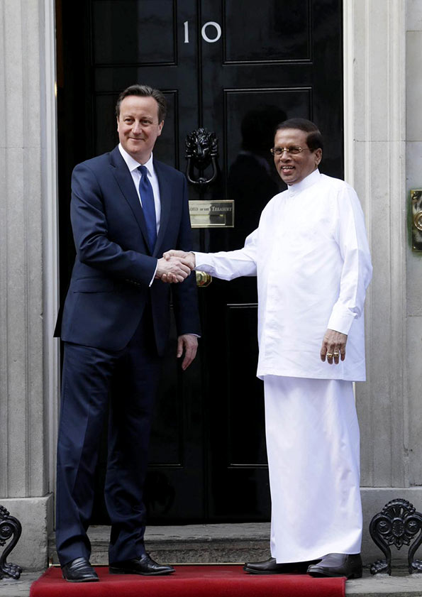 Sri Lanka President Maithripala Sirisena meets British Prime Minister David Cameron