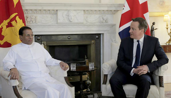 Sri Lanka President Maithripala Sirisena meets British Prime Minister David Cameron