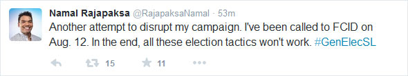 Namal's twitter message