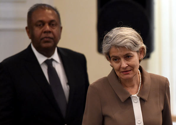 UNESCO Director General Irina Bokova (R) and Sri Lanka's Foreign Minister Mangala Samaraweera