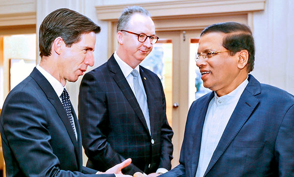 Sri Lanka President Maithripala Sirisena with Mark Fraser and Simon Birmingham in Australia