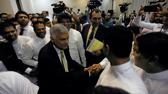 Sri Lanka Prime Minister Ranil Wickremasinghe after defeating no-confidence motion