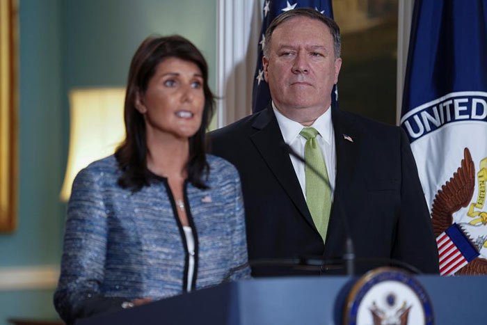 U.S. Ambassador to the United Nations Nikki Haley together with U.S. Secretary of State Mike Pompeo