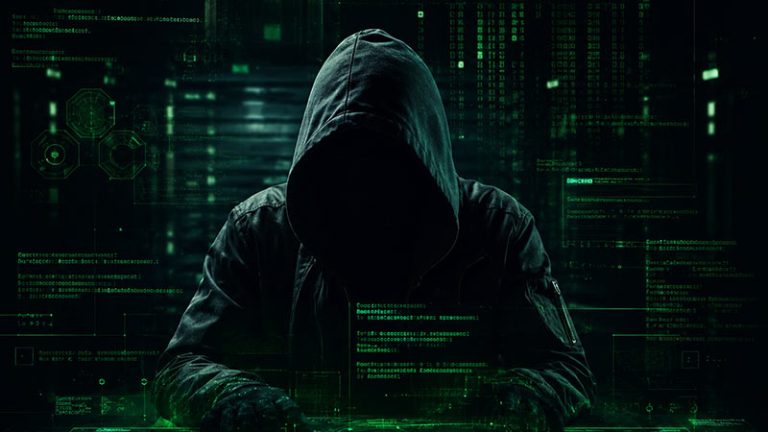 Cyber crime concept with an anonymous hooded figure surrounded by glowing green code and digital interface elements