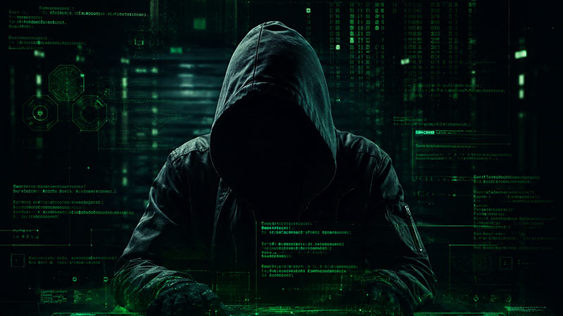 Cyber crime concept with an anonymous hooded figure surrounded by glowing green code and digital interface elements