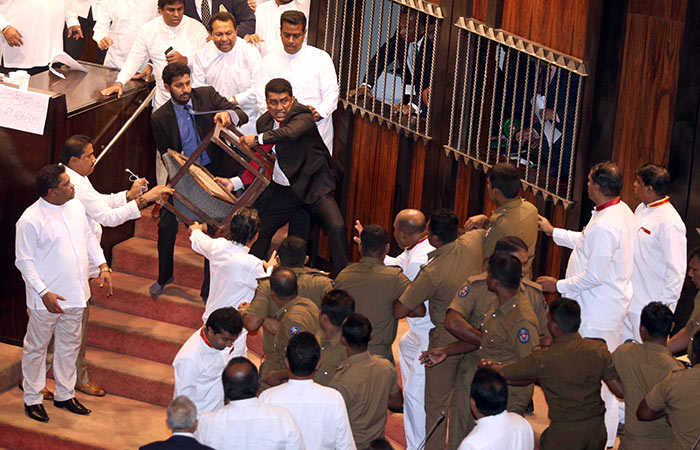 Johnston Fernando throws a chair in Parliament of Sri Lanka