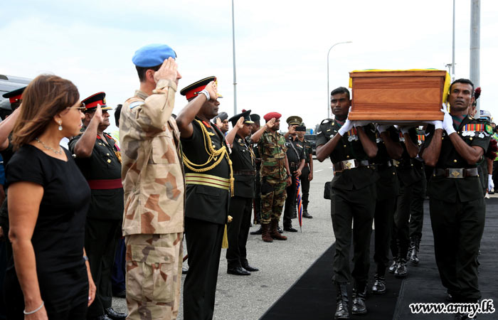 Coffins of late UN Peacekeepers brought amidst military honours at Bandaranaike International Airport in Sri Lanka