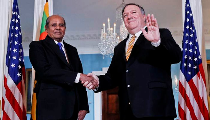 Sri Lanka Foreign Affairs Minister Tilak Marapana and U.S. Secretary of State Mike Pompeo