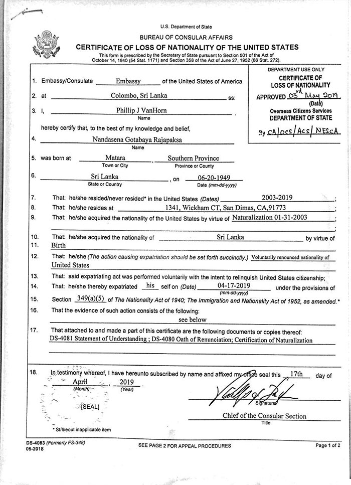 Certificate of loss of nationality of the United States for Gotabaya Rajapaksa