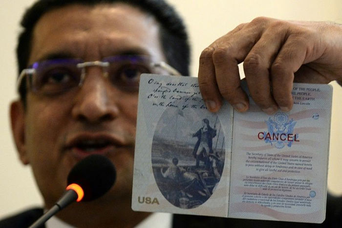 Lawyer Ali Sabry shows cancelled United States passport of Sri Lanka presidential candidate Gotabaya Rajapaksa