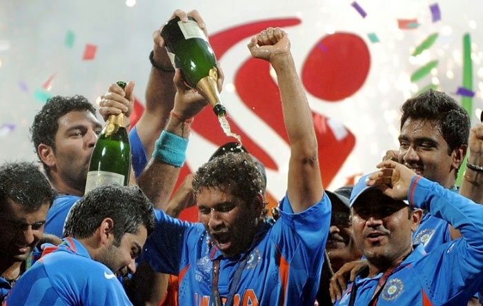 Indian cricketers celebrate after beating Sri Lanka in the 2011 ICC Cricket World Cup