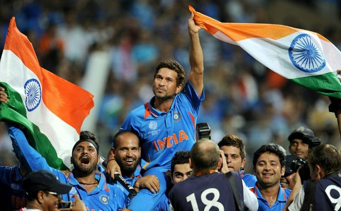 Sachin Tendulkar after winning the Cricket World Cup 2011