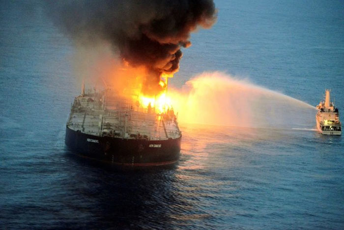 The New Diamond crude carrier of Indian Oil Corporation is on fire