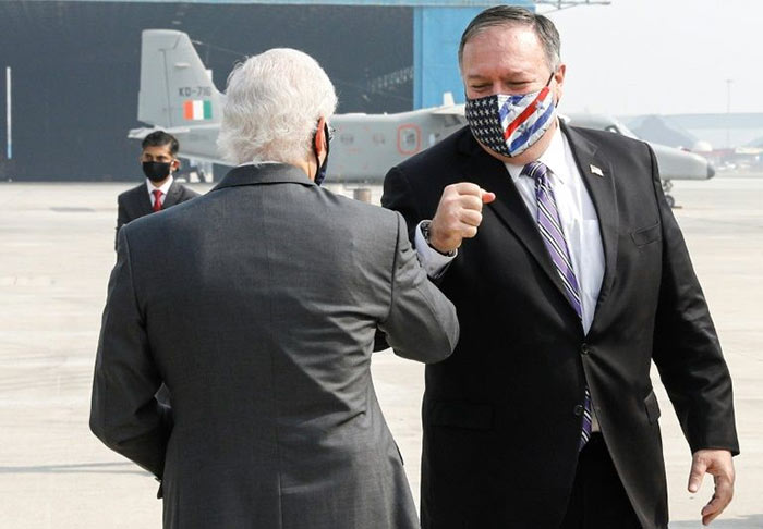 US Secretary of State Mike Pompeo is greeted by US Ambassador to India Kenneth Juster