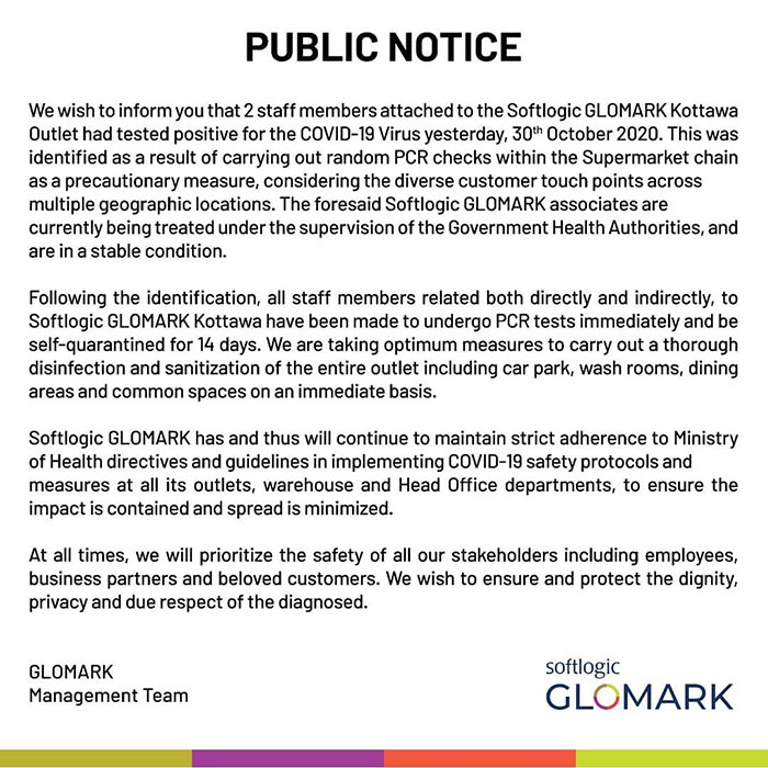 COVID-19 Public Notice by Glomark supermarket