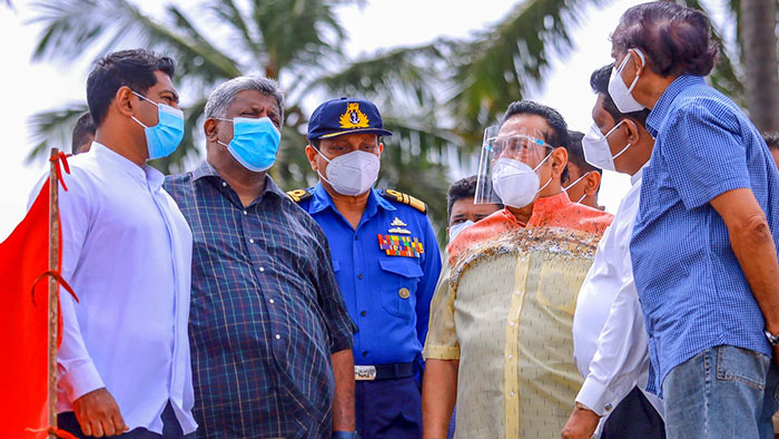 Sri Lanka Prime Minister Mahinda Rajapaksa inspects coastal line affected by burning X-Press Pearl ship