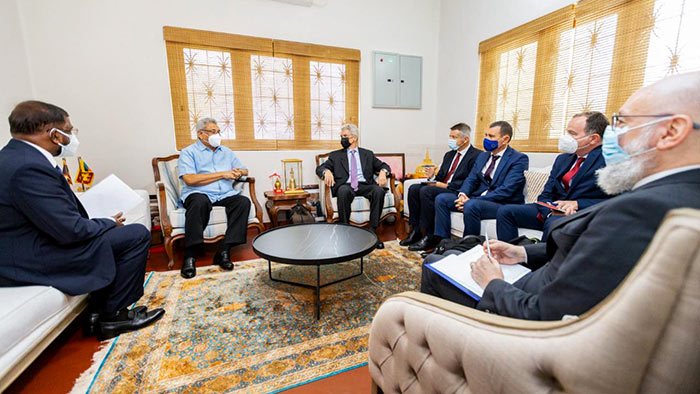 Sri Lanka President Gotabaya Rajapaksa meeting with a delegation from the European Union (EU) at his private residence in Mirihana