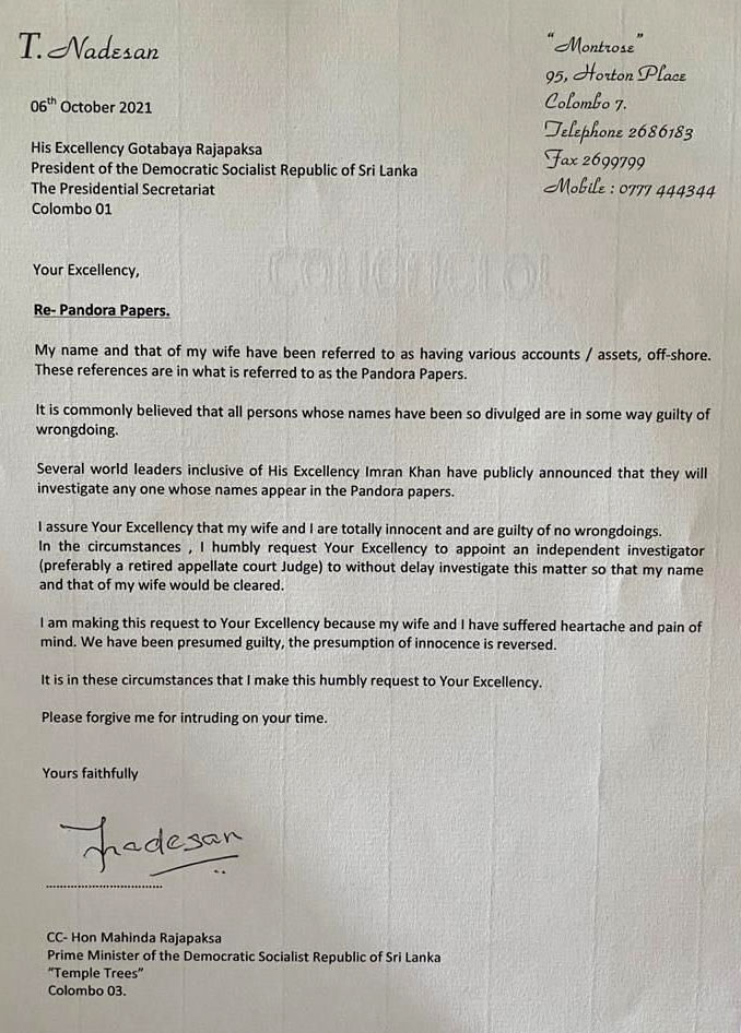 Thirukumar Nadesan's letter to Sri Lanka President on Pandora papers