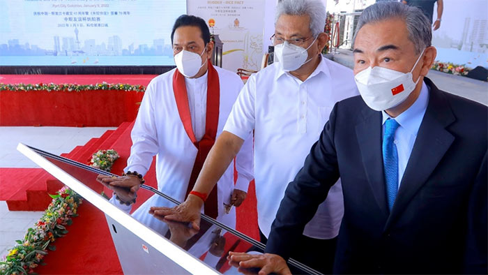 Sri Lanka Prime Minister Mahinda Rajapaksa, Sri Lanka President Gotabaya Rajapaksa with China Foreign Minister Wang Yi