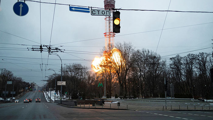 A blast is seen in the TV tower, amid Russia's invasion of Ukraine, in Kiev
