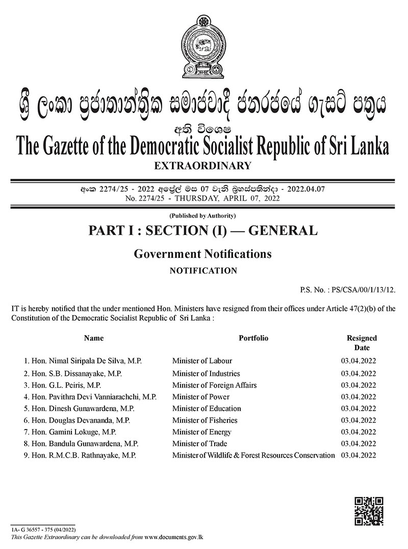 Extraordinary Gazette of 26 Ministers resigned in Sri Lanka