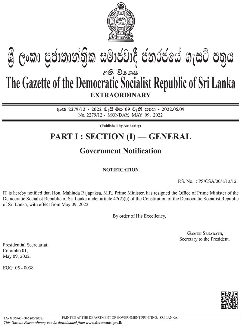 Gazette notification of resignation of Sri Lanka Prime Minister Mahinda Rajapaksa