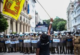 A protester waves the national flag during an anti-government protest in Colombo, Sri Lanka