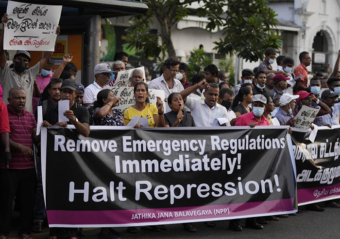 National People's Power supporters shout slogans during a protest in Colombo, Sri Lanka