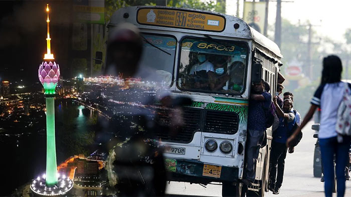 Colombo lotus tower and public transport bus in Sri Lanka