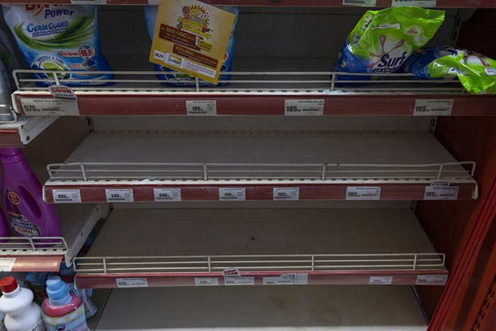 Empty shelves inside a supermarket in Colombo, Sri Lanka
