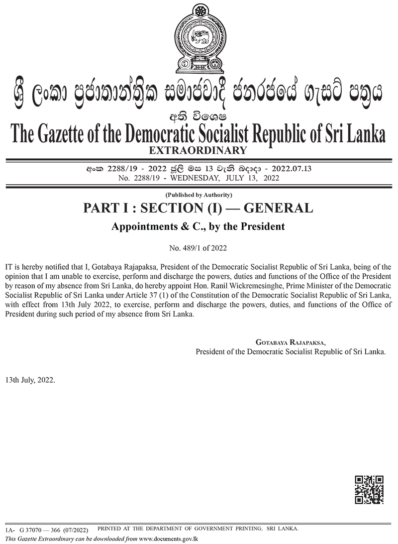 Gazette notification - Ranil Wickremesinghe as Acting President of Sri Lanka