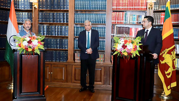 Indian External Affairs Minister Dr. S. Jaishankar with Ali Sabry and Sri Lankan President Ranil Wickremesinghe