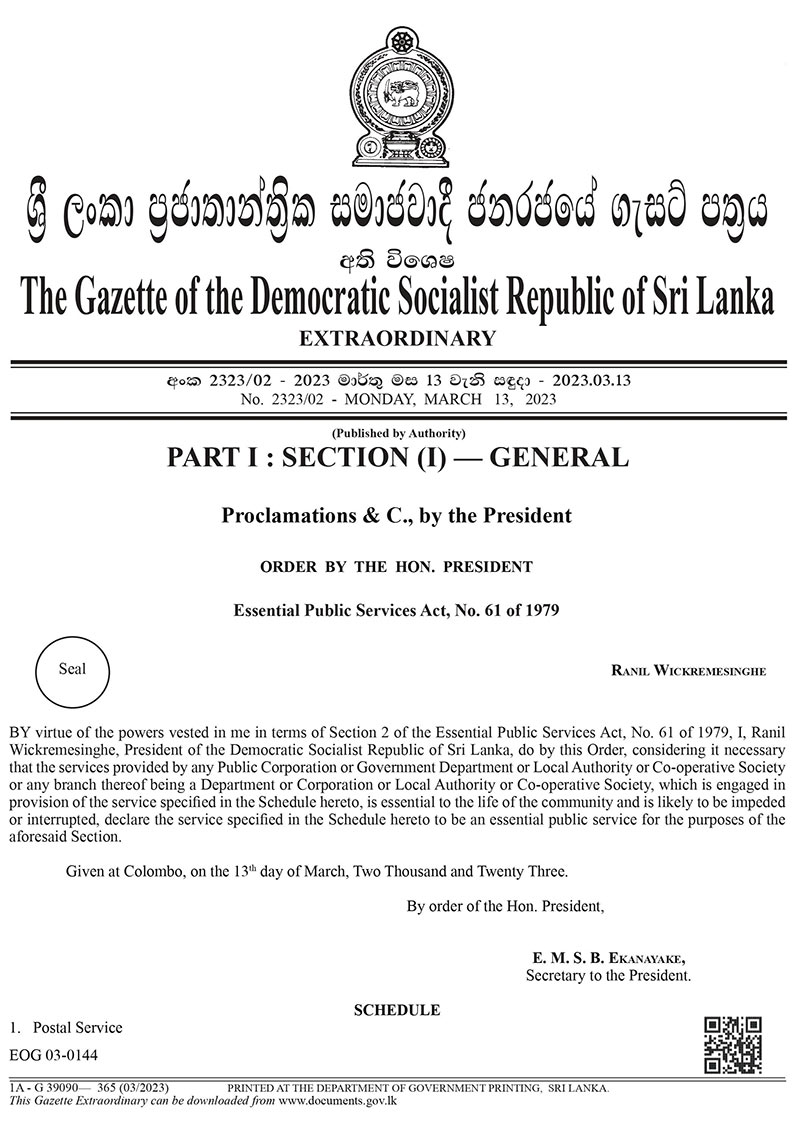 Gazette on Sri Lanka postal service