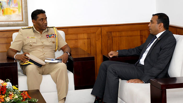 Rear Admiral Meril Sudarshana, the new Additional Director General of the Civil Security Department (CSD) meets the State Minister of Defence Hon. Premitha Bandara Tennakoon