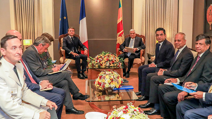 French President Emmanuel Macron meets Sri Lanka President Ranil Wickremesinghe