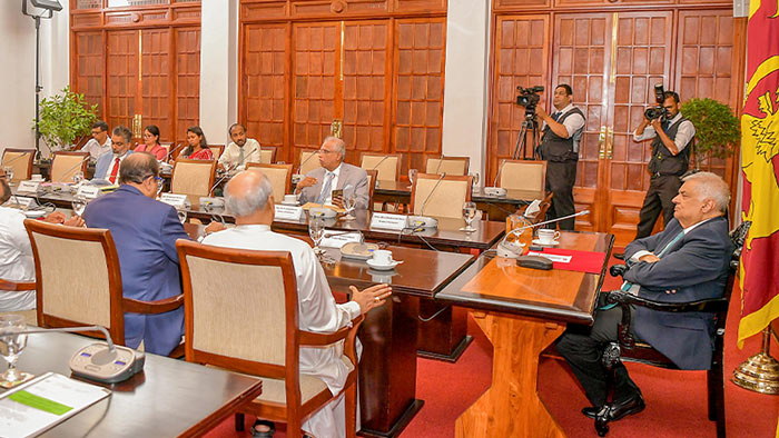 Sri Lankan President Ranil Wickremesinghe in a crucial party leader’s meeting