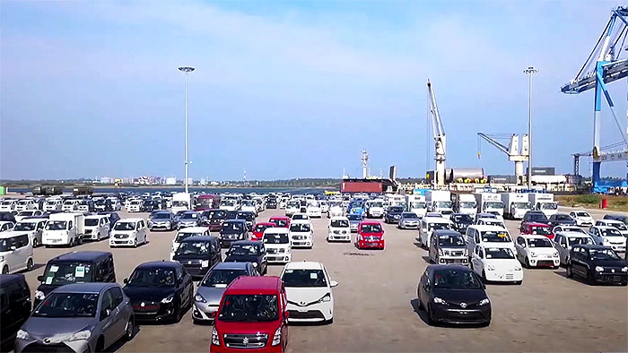 Vehicles including cars parked at Hambantota port in Sri Lanka