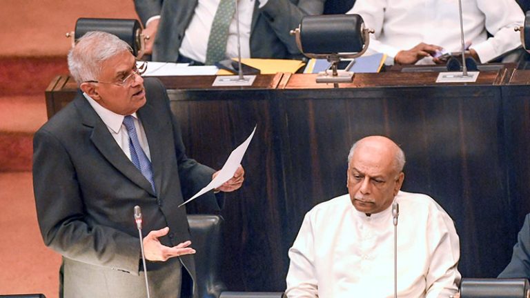 Sri Lankan President Ranil Wickremesinghe is speaking at Parliament