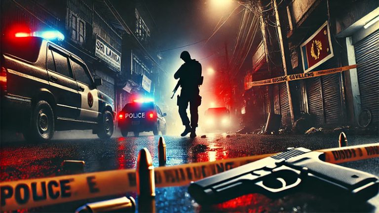 Gun violence in Sri Lanka: Police tape, bullet casings, and emergency lights at a crime scene