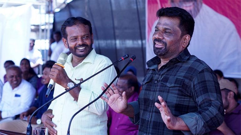 Sri Lankan President Anura Kumara Dissanayake addressing the public at a rally in Mannar