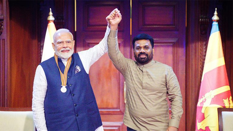 Indian Prime Minister Narendra Modi receiving the Sri Lanka Mitra Vibhushana award from President Anura Kumara Dissanayake